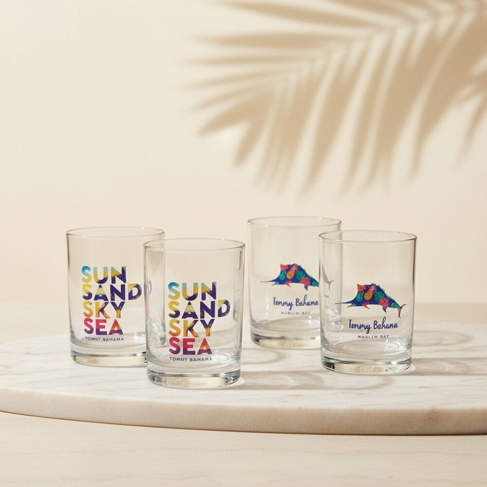 Tommy Bahama Rocks Glasses Set 4-Marlin-Bar-Sun Sand Sky Sea-Whiskey Tumblers